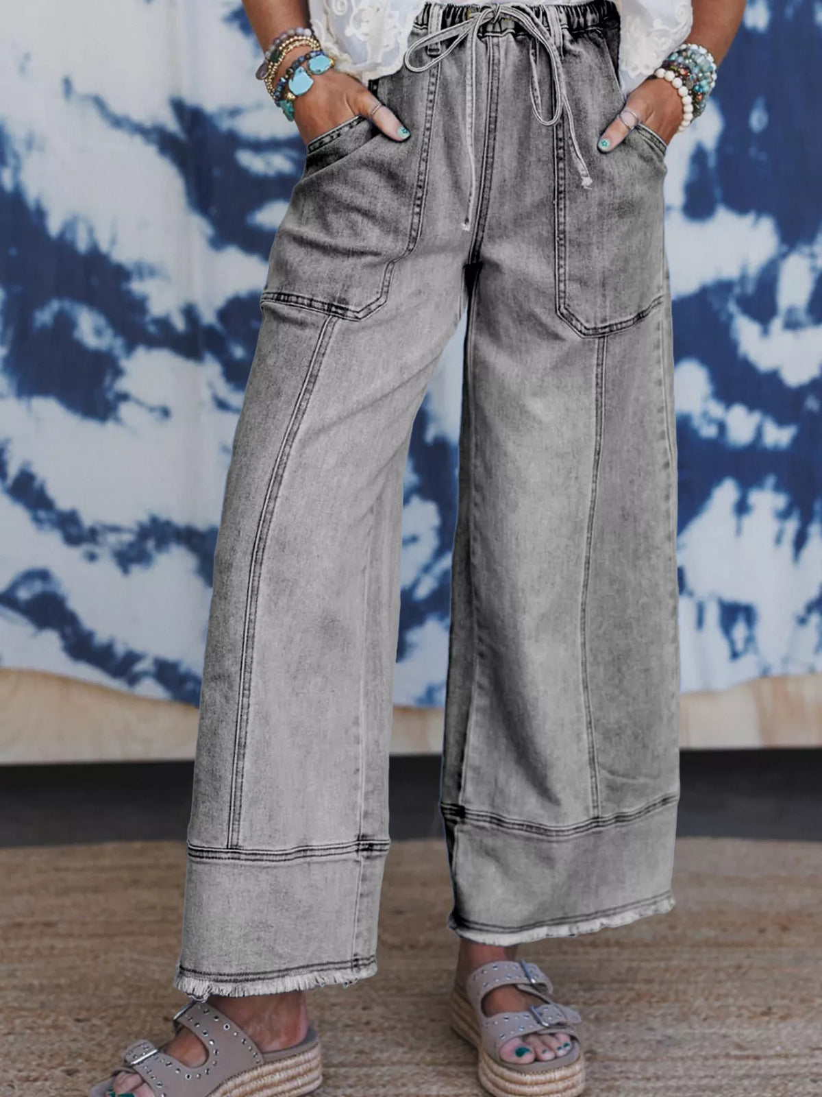 Wide Leg Drawstring Raw Hem Jeans Gray OutfitFlow