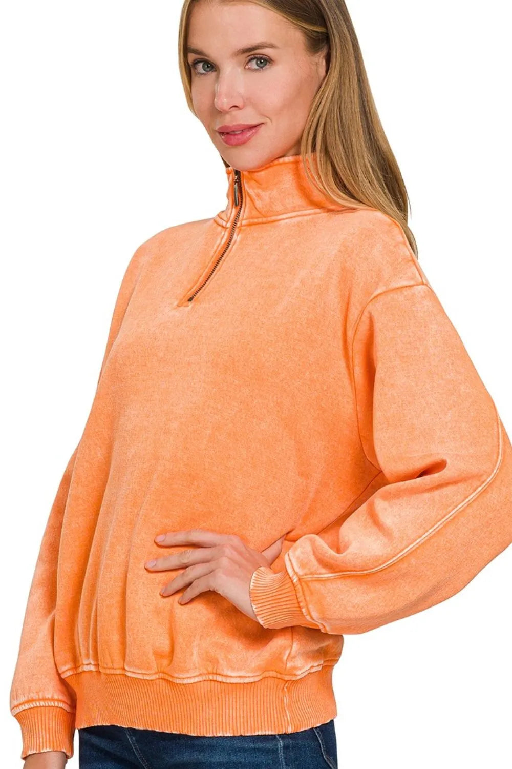 Zenana Acid Wash Fleece Half Zip Pullover Sweatshirt OutfitFlow