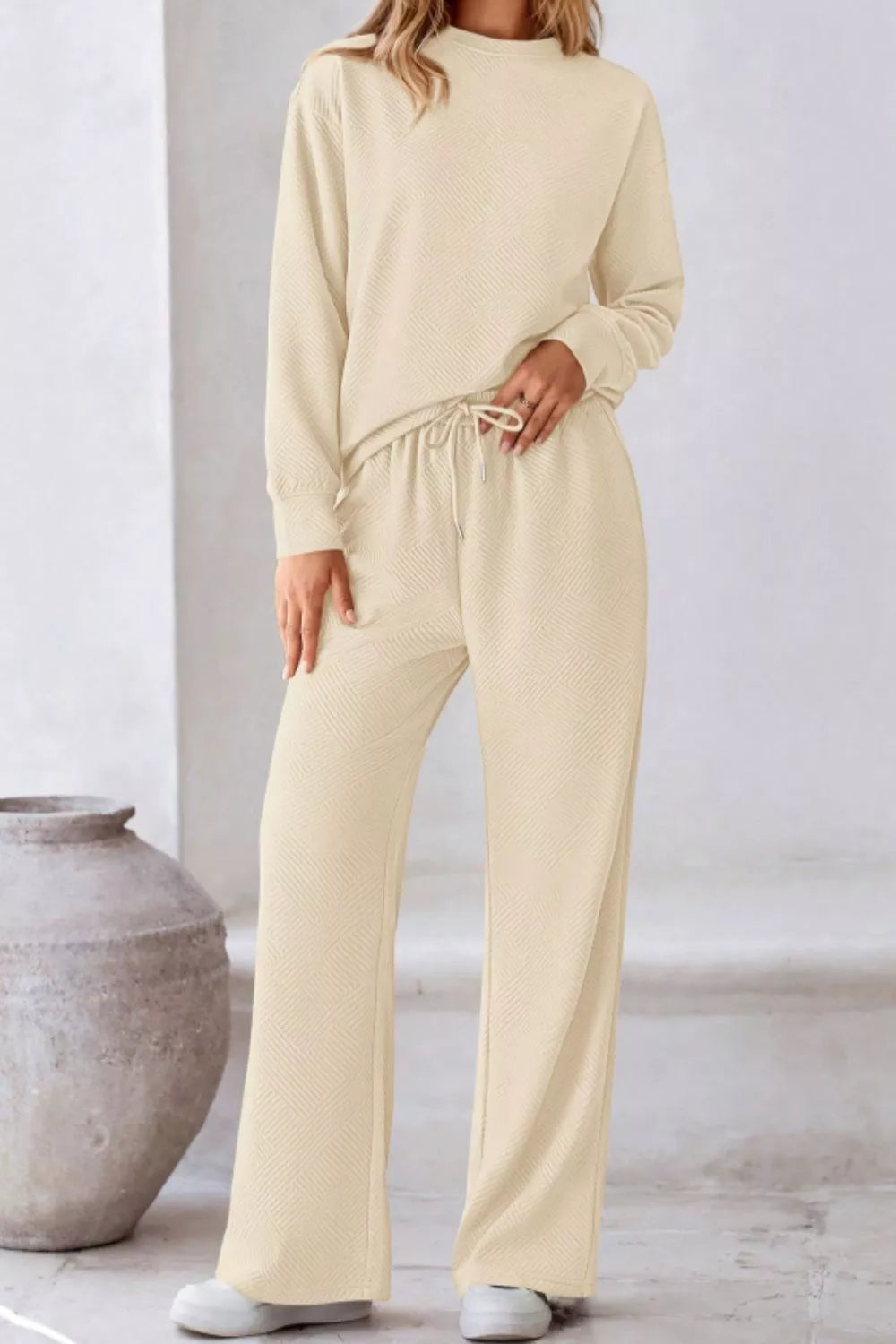 Round Neck Long Sleeve Top and Pants Set OutfitFlow