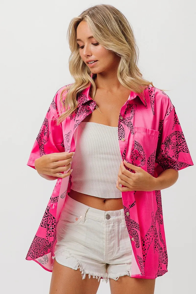 BiBi Leopard Print Short Sleeve Silky Satin Shirt Top OutfitFlow