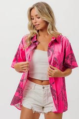 BiBi Leopard Print Short Sleeve Silky Satin Shirt Top OutfitFlow