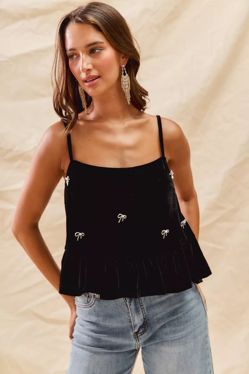 SO ME Holiday Velvet Ribbon Rhinestone Christmas Top OutfitFlow