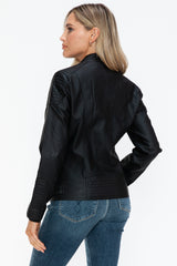 Outfit Flow - Snobbish Faux Leather Biker Jacket with Side Zip Pockets