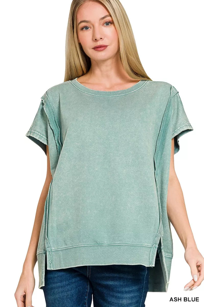 Zenana French Terry Acid Washed Hi-low Top ASH BLUE OutfitFlow