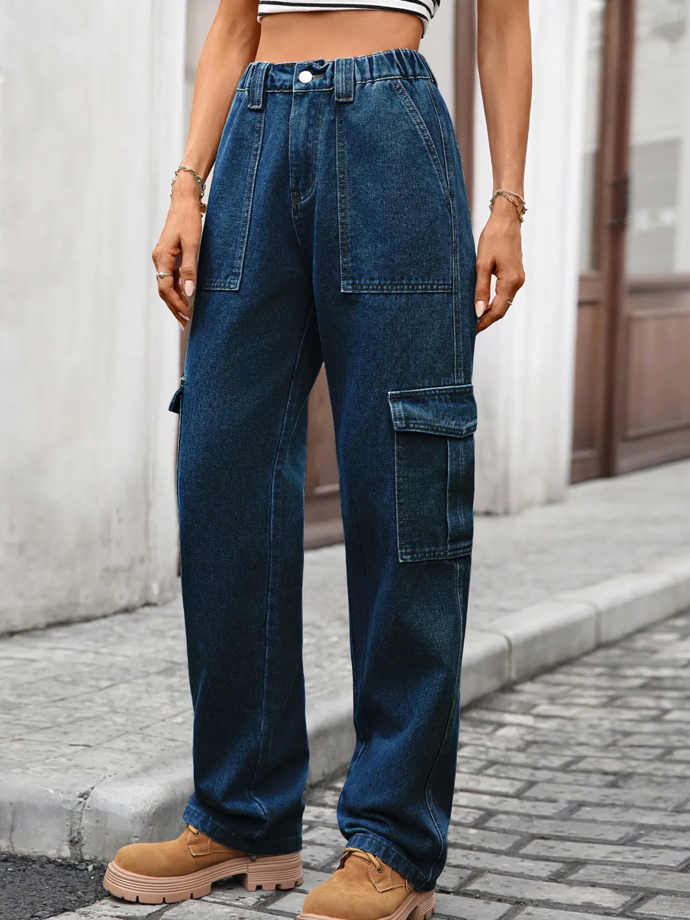 High-Waisted Cargo Jeans Dark Blue OutfitFlow