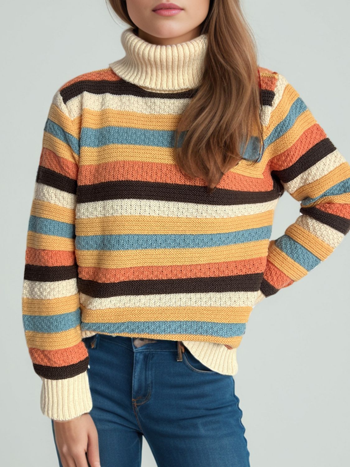 Contrast Stripes Turtleneck Long Sleeve Sweater