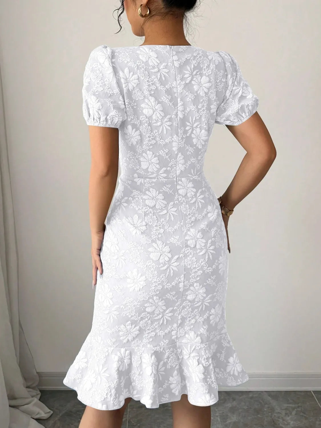 Ruffled Hem Flower Round Neck Short Sleeve Dress OutfitFlow