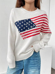 US Flag Round Neck Long Sleeve Sweater White OutfitFlow