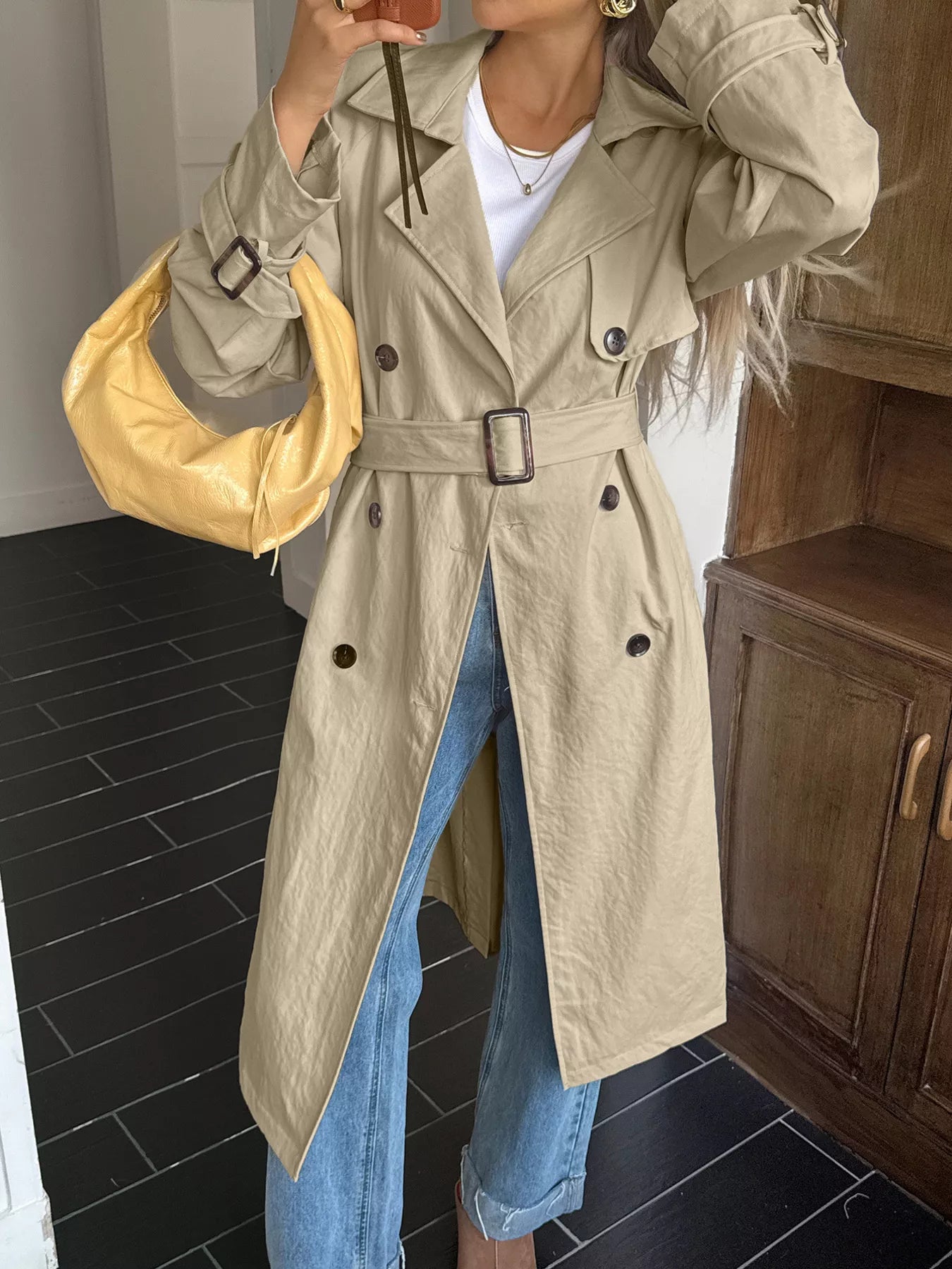 Double-Breasted Belted Trench Coat Trendsi