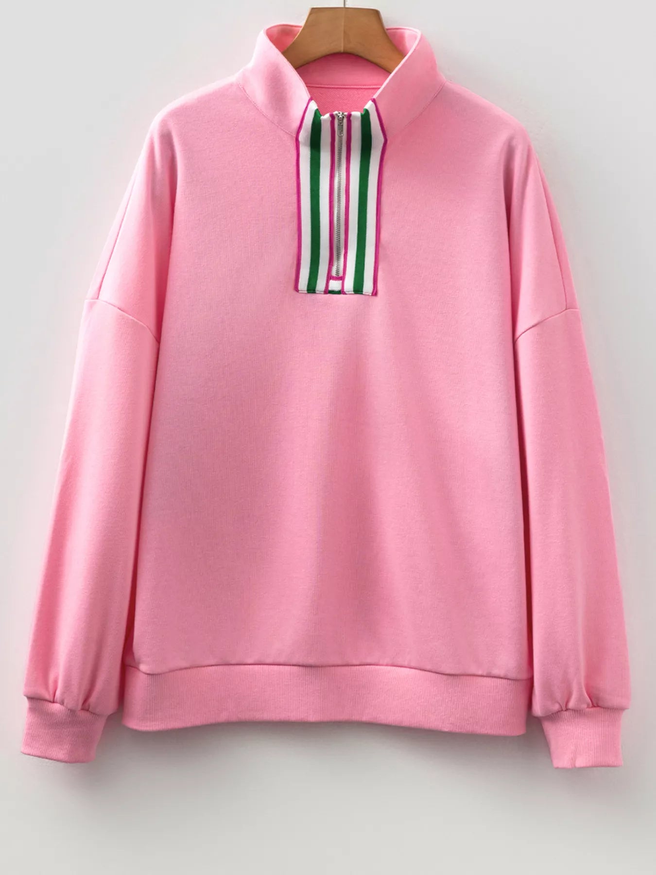 Contrast Striped Patchwork Zip Collar Sweatshirt Trendsi
