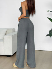 Ribbed Knit Strapless Crop Top and Pants Set OutfitFlow