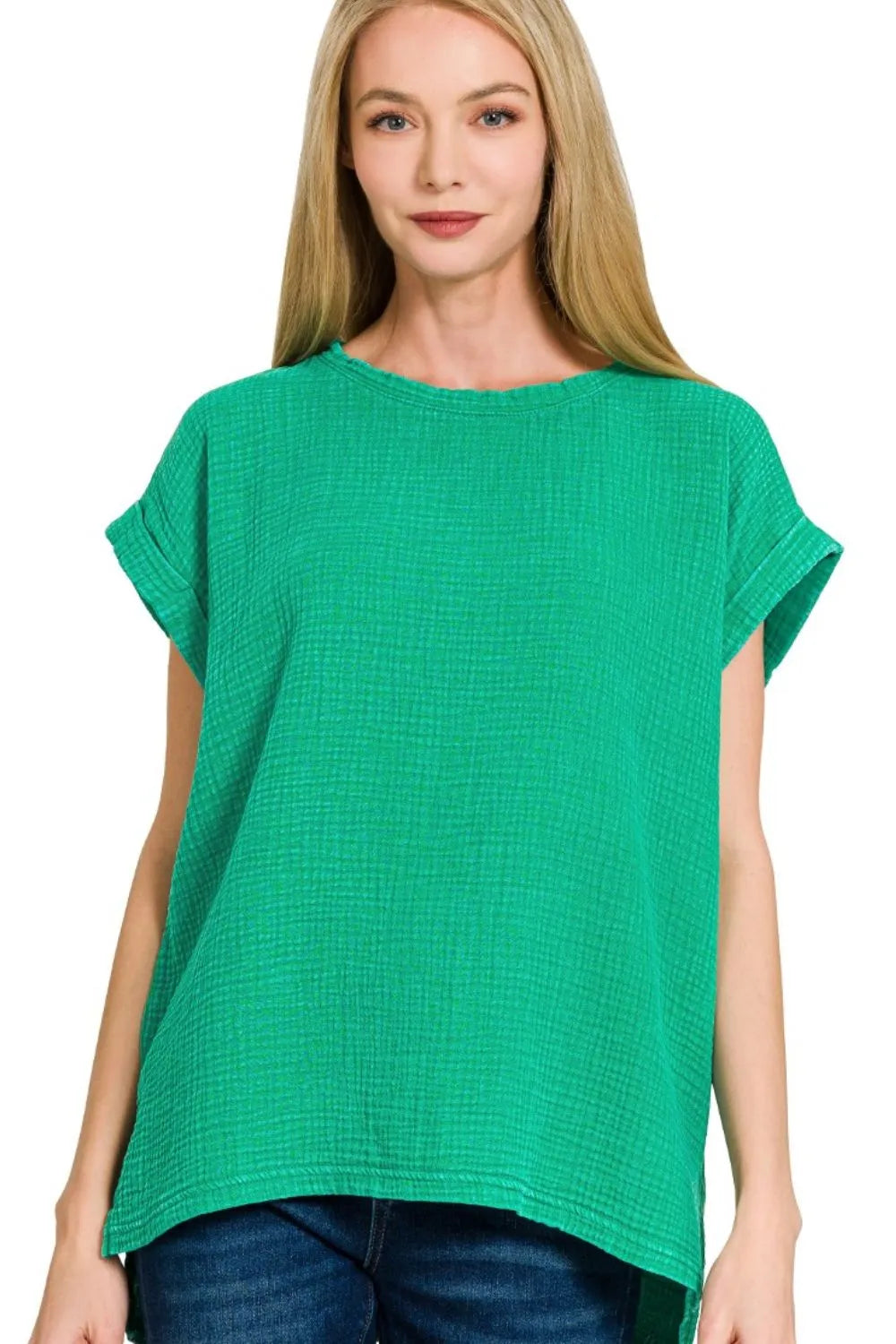 Zenana Woven Double Gauze Acid Washed Short Sleeve Top OutfitFlow