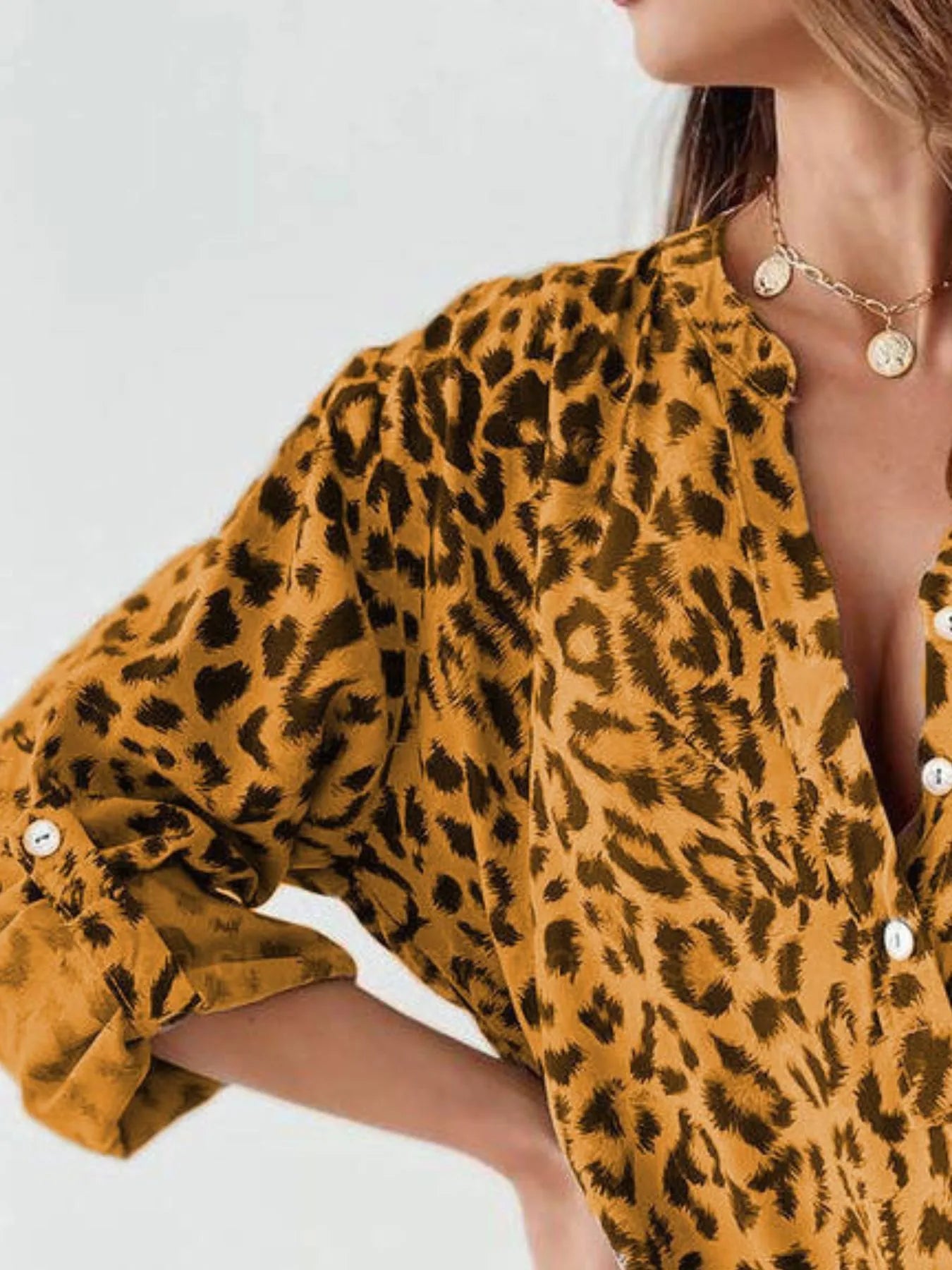 Full Size Leopard Print Roll-Tab Sleeves Blouse Plus Size OutfitFlow