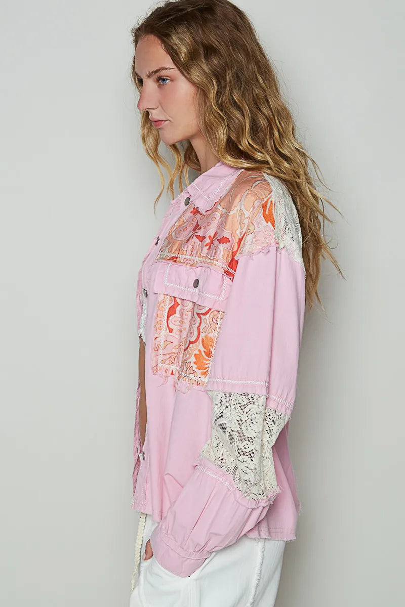 POL Printed Woven Mix Raw Hem Jacket with Lace Detail OutfitFlow