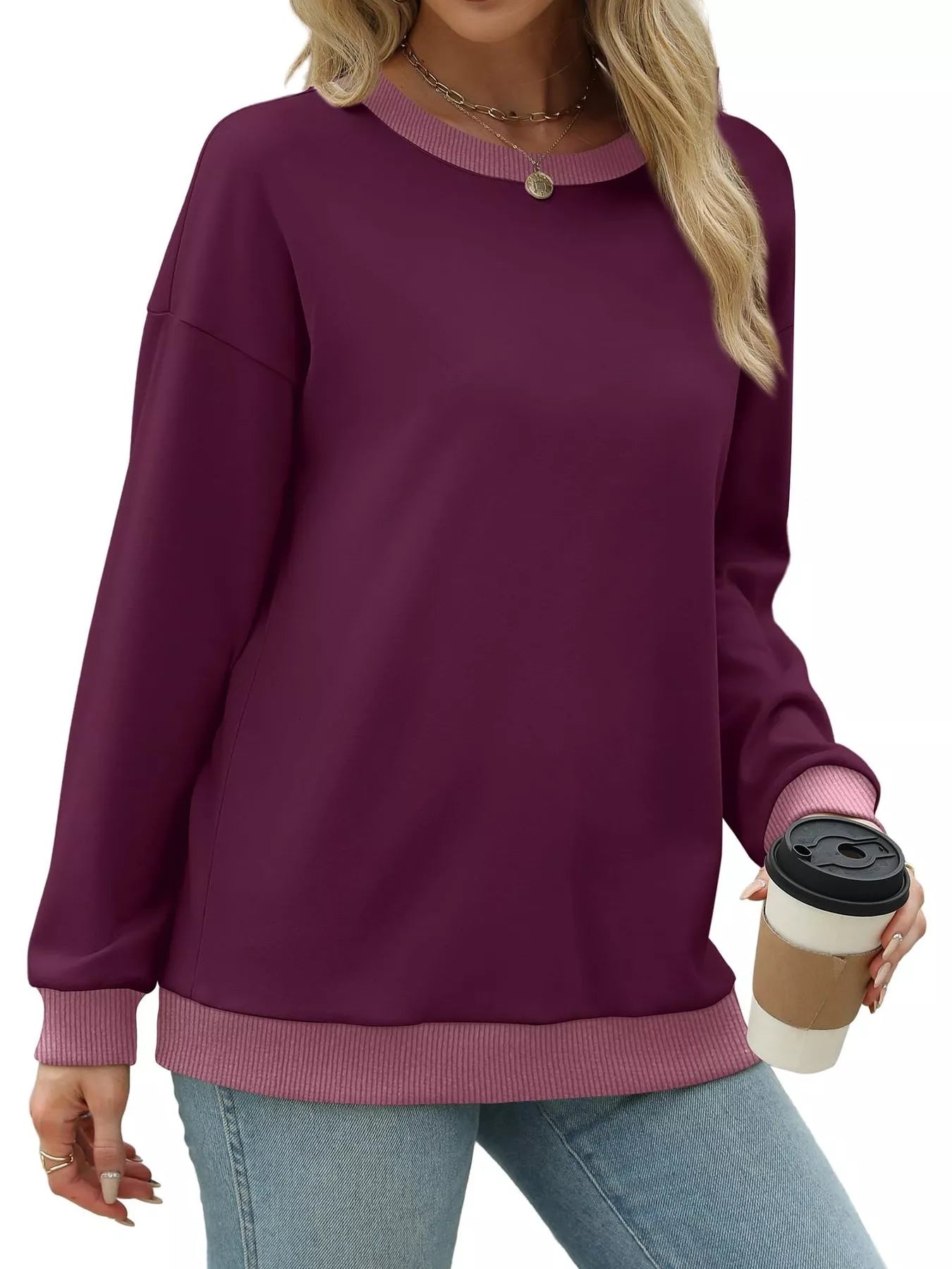 Contrast Trim Crew Neck Casual Sweatshirt OutfitFlow