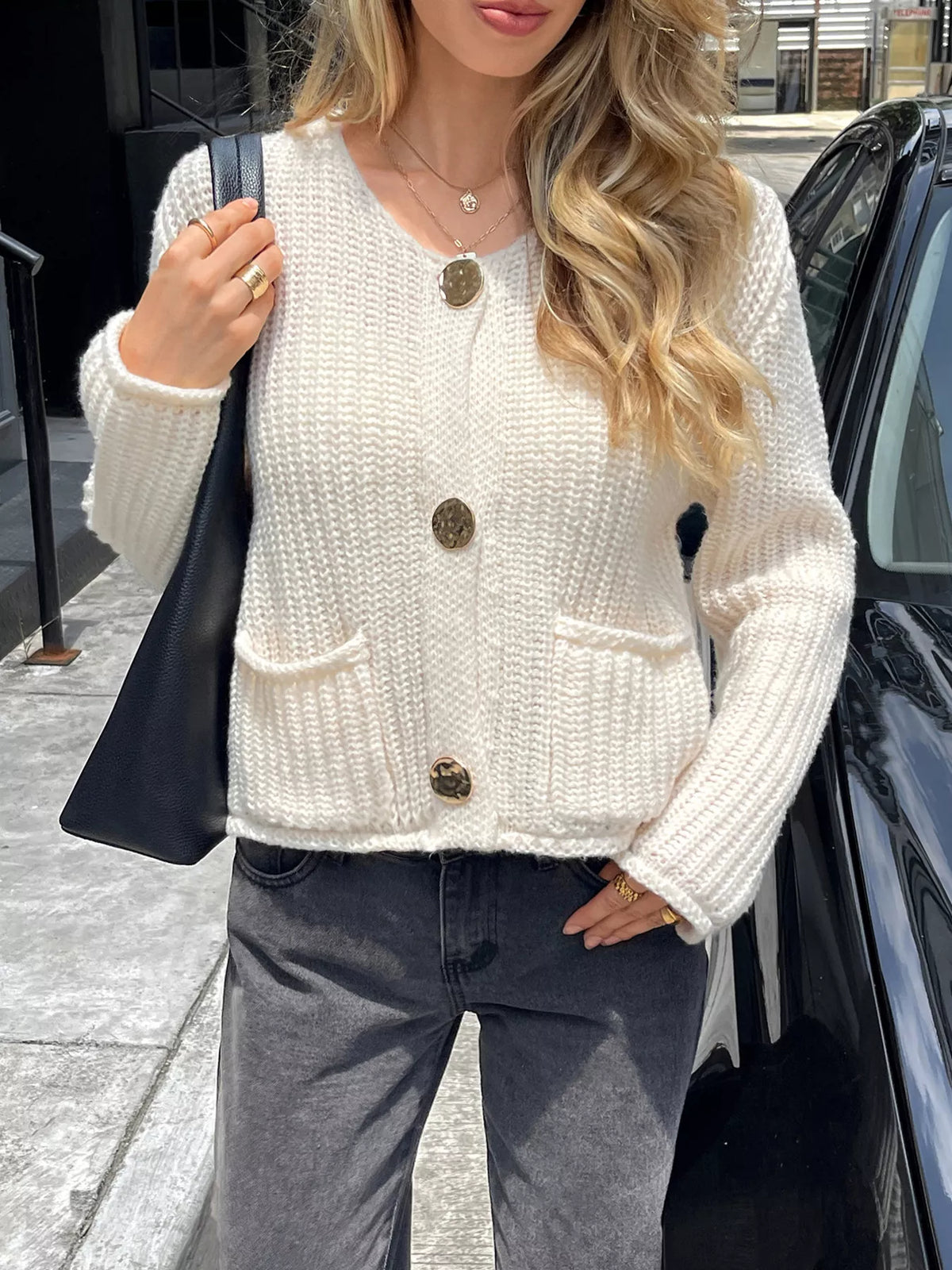 Chunky Knit Button-Down Cardigan Gray white Trendsi