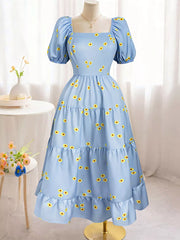 Daisy Print Puff Sleeve Tiered Maxi Dress OutfitFlow