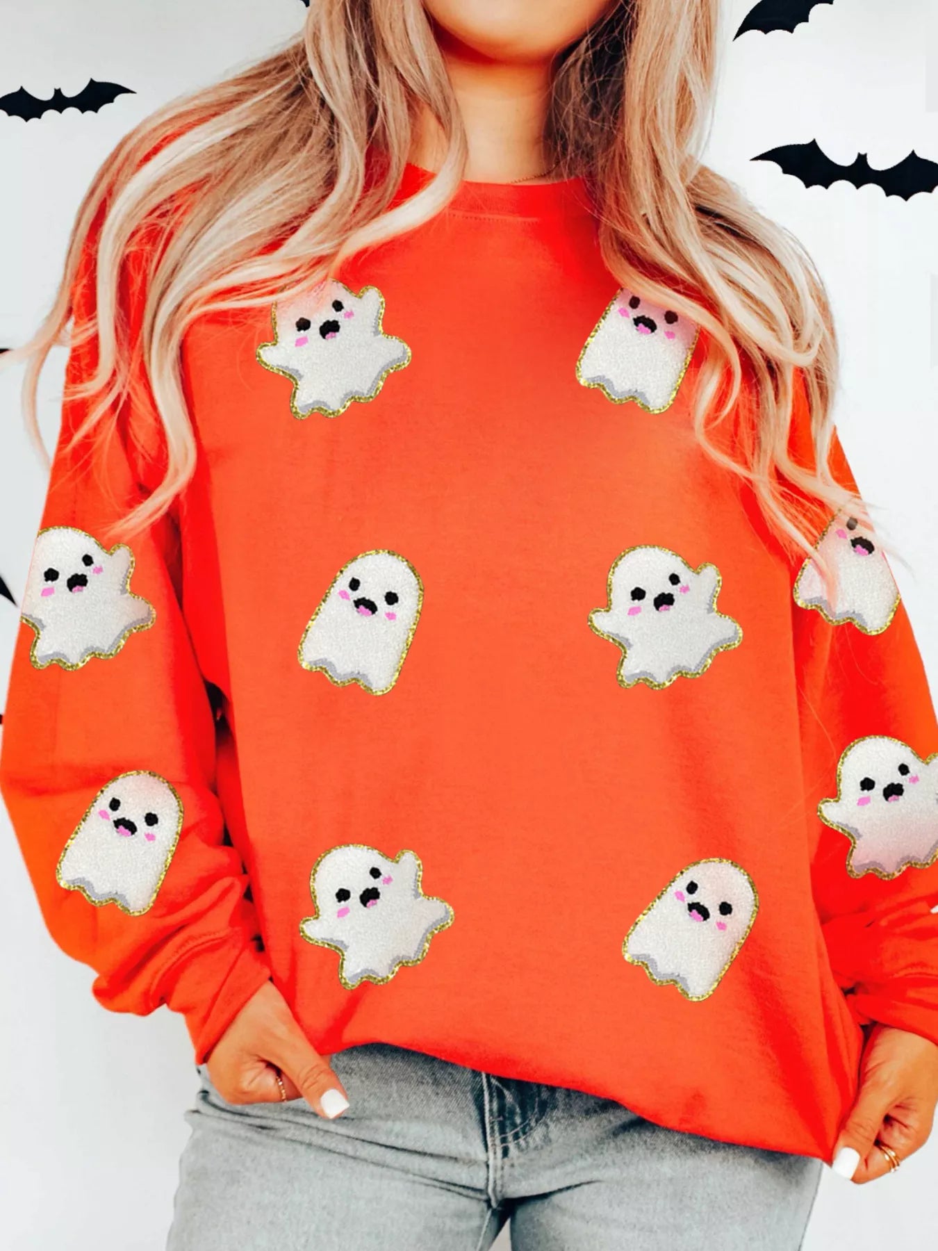 Halloween Ghost Patched Pattern Holiday Sweatshirt OutfitFlow