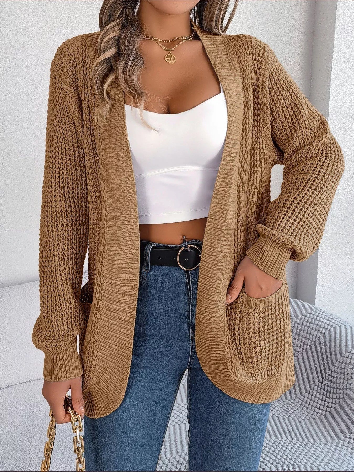 Chunky Knit Open Front Cardigan with Pockets OutfitFlow