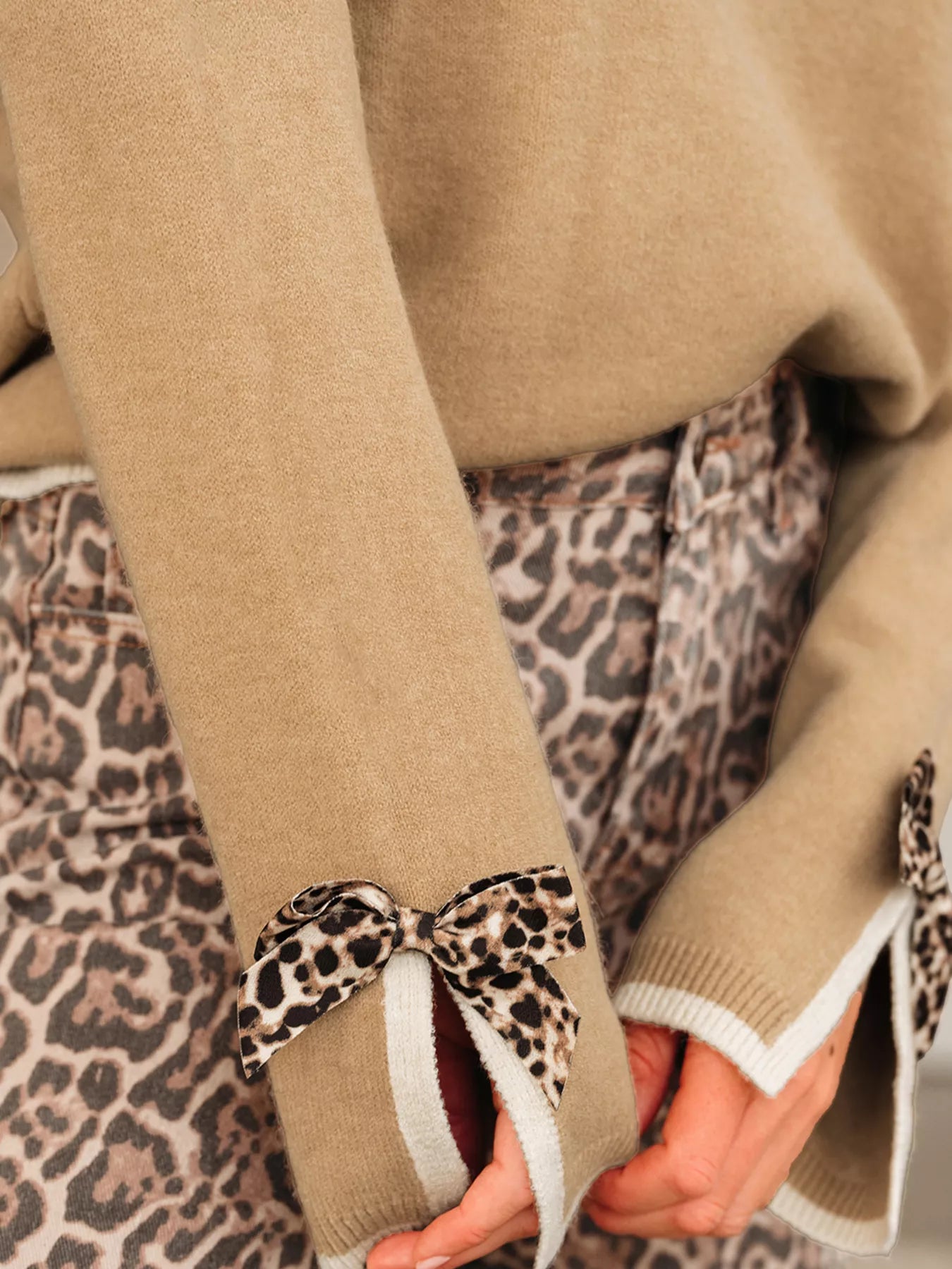Leopard Bow Decor Split Cuff Contrast Trim Sweater OutfitFlow