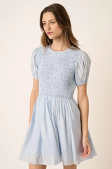 Mittoshop Smocking Detail Puff Sleeve Mini Dress BLUE OutfitFlow