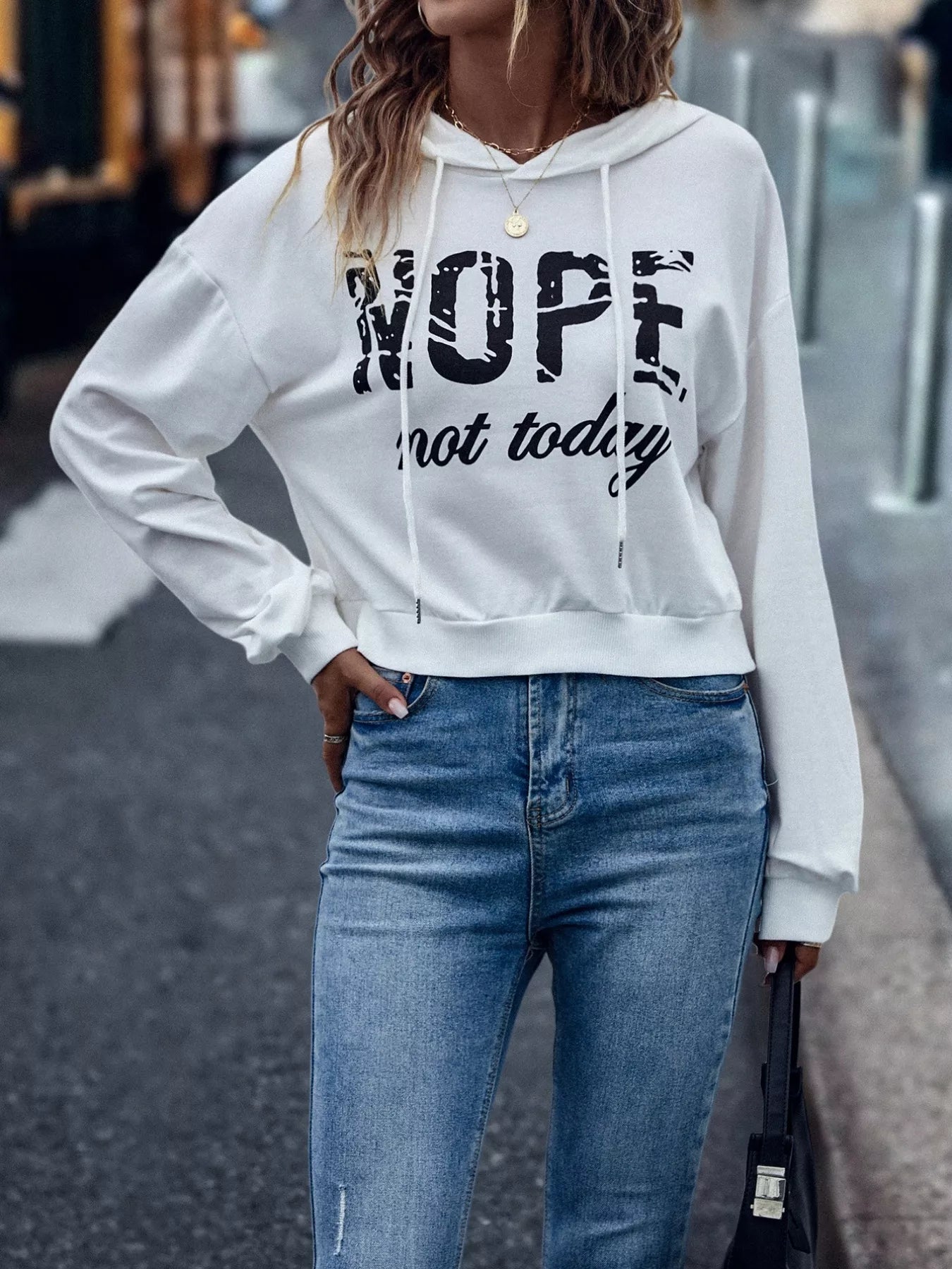 Letter Graphic Long Sleeve Drawstring Hoodie OutfitFlow