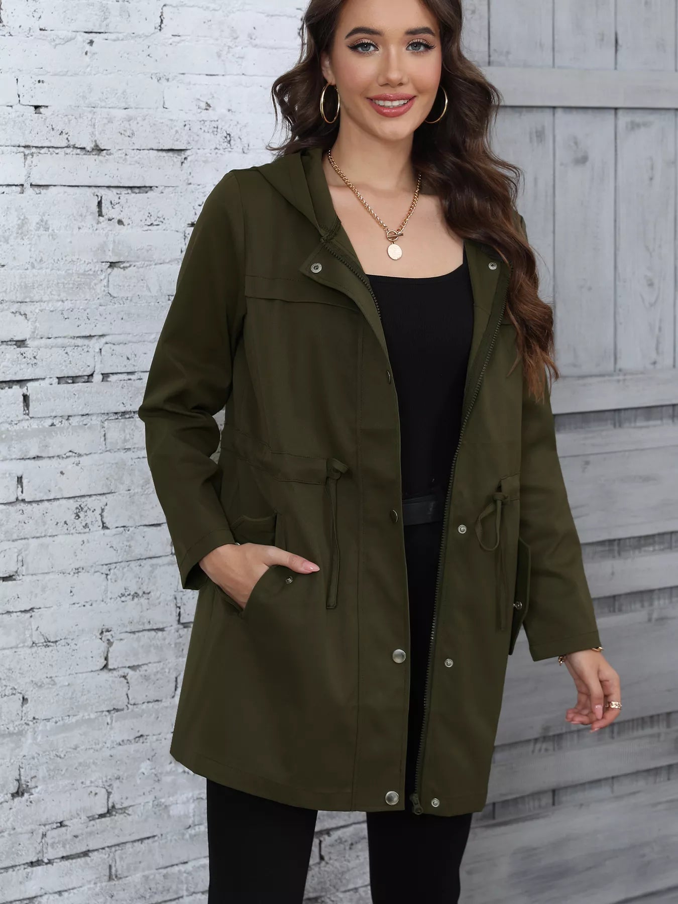 Hooded Drawstring Waist Casual Outerwear OutfitFlow