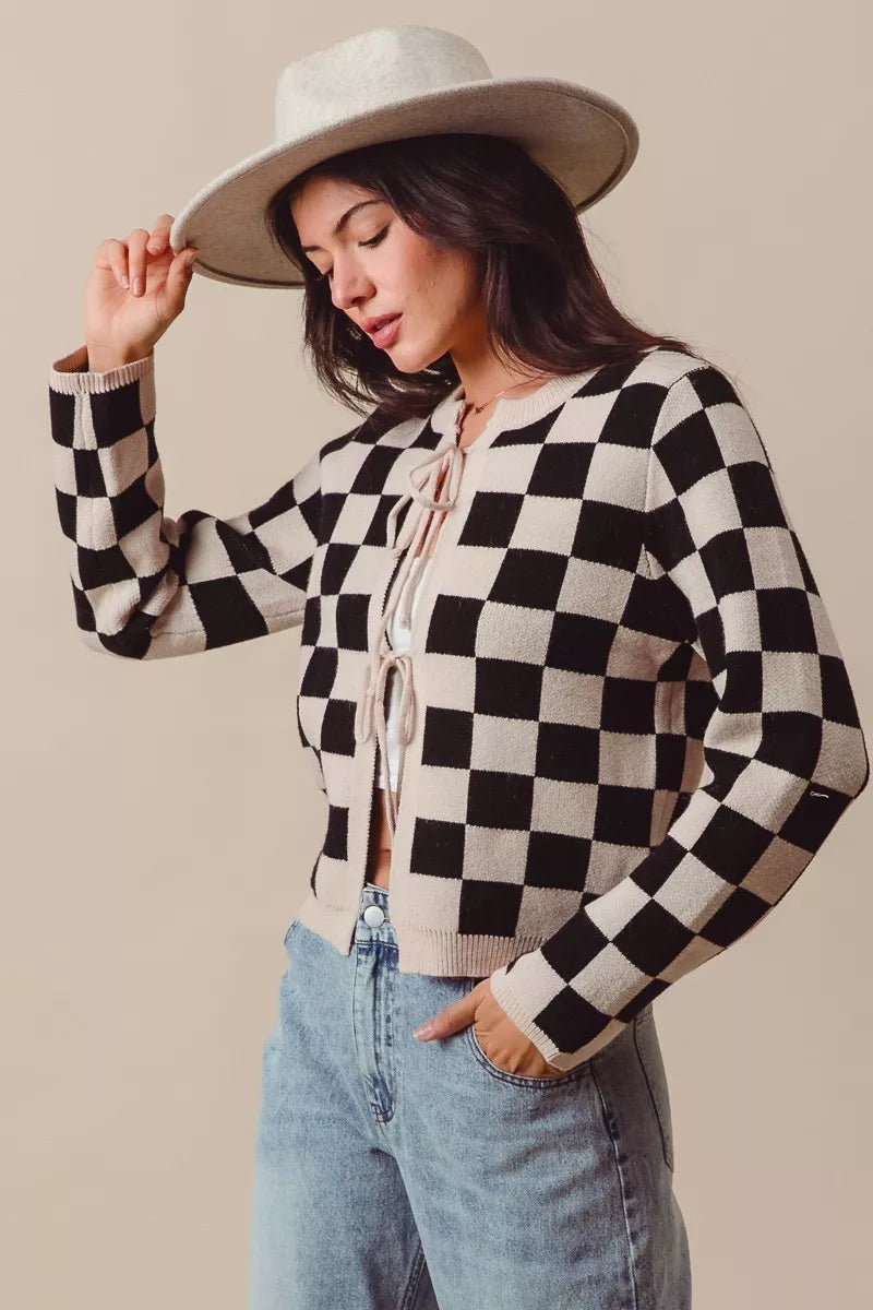 SO ME Tie Front Checkered Knitted Round Neck Cardigan Trendsi