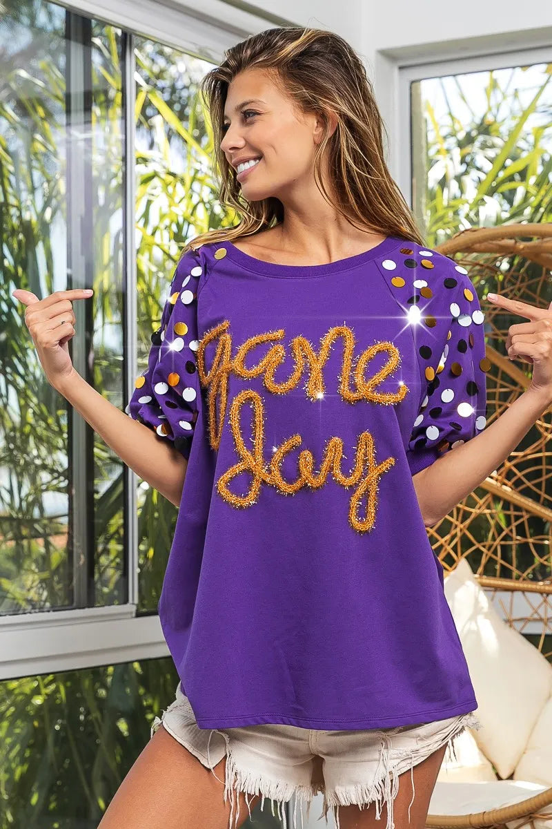 BiBi Game Day Metallic Letter Spangle Sleeve Top OutfitFlow