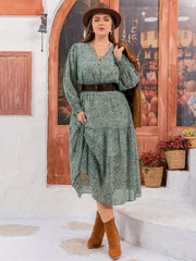 Plus Size Printed V-Neck Long Sleeve Midi Dress OutfitFlow