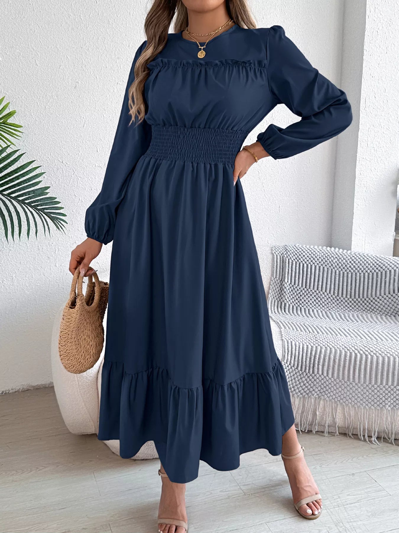 Round Neck Balloon Sleeve Tiered Dress OutfitFlow