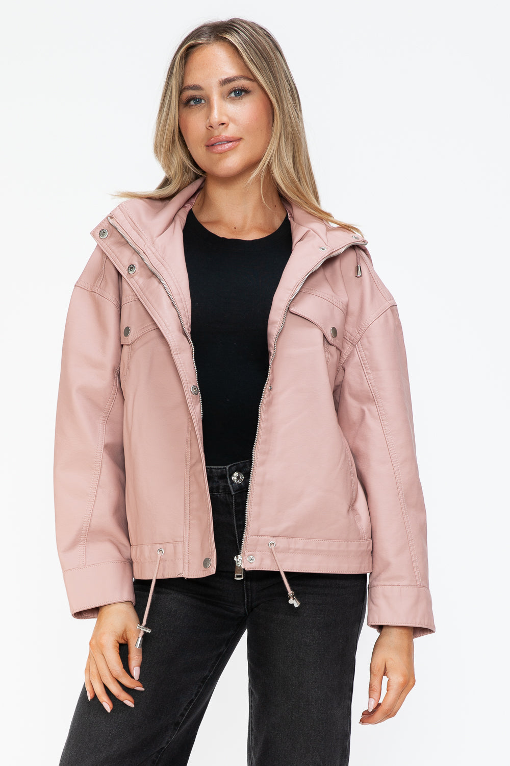 Outfit Flow - How Dare U Drawstring Hem PU Leather Zip Up Jacket