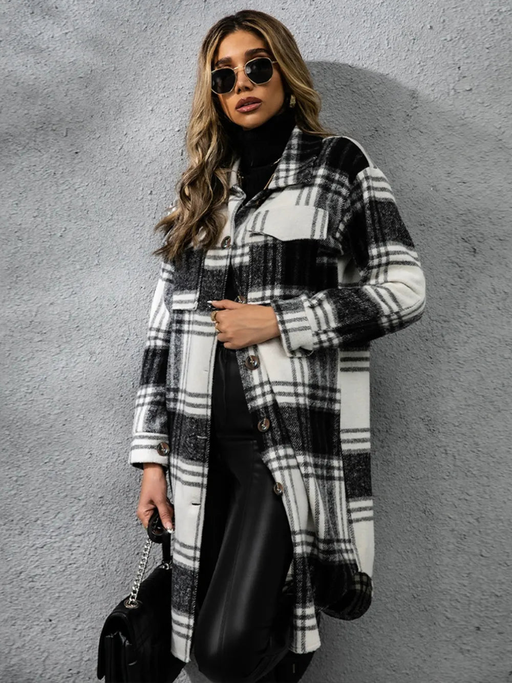 Plaid Collared Neck Long Sleeve Coat OutfitFlow