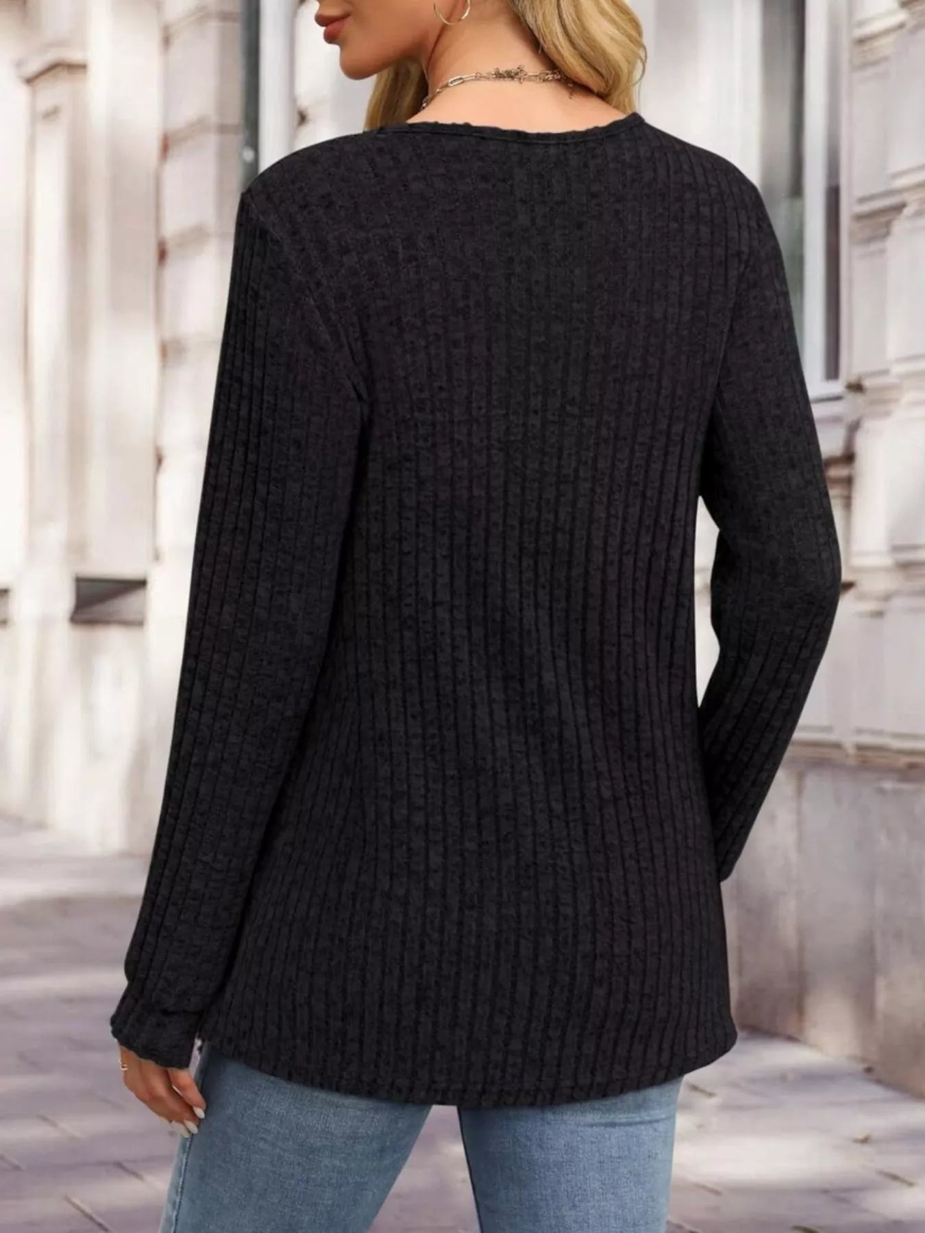 Ribbed Knit Button-Front Long Sleeve T-Shirt OutfitFlow