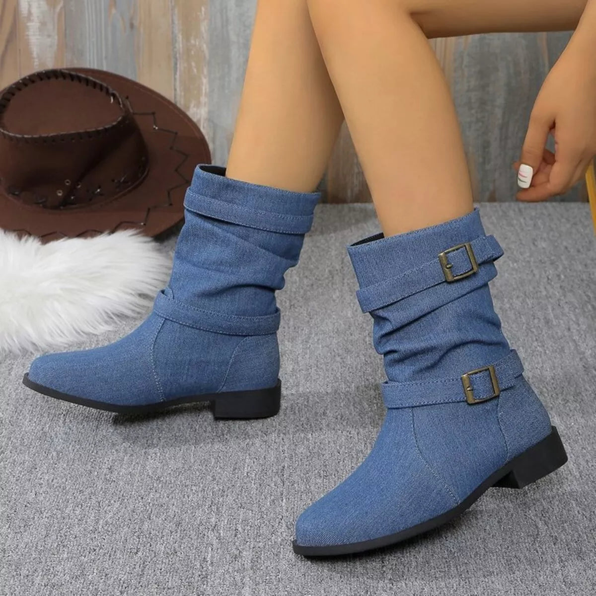 Buckle Accent Block Heel Boots Trendsi