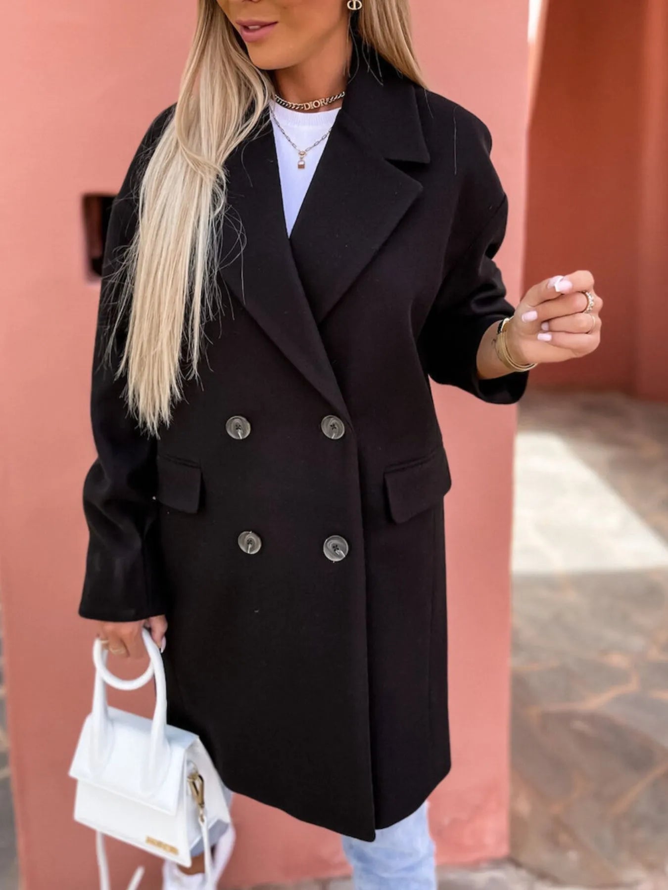 Full Size Double-Breasted Wool Coat Plus Size Trendsi