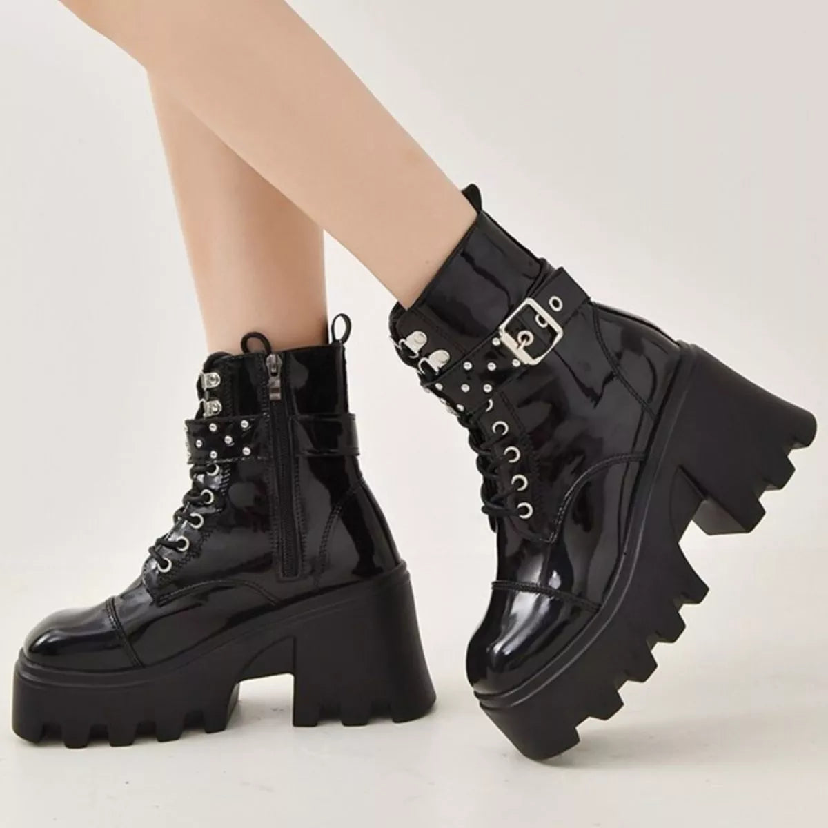 Platform Ankle Boots with Buckle and Studded Detail Black OutfitFlow