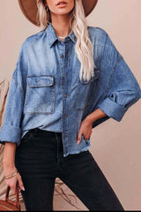 Collared Neck Raw Hem Long Sleeve Denim Shirt OutfitFlow