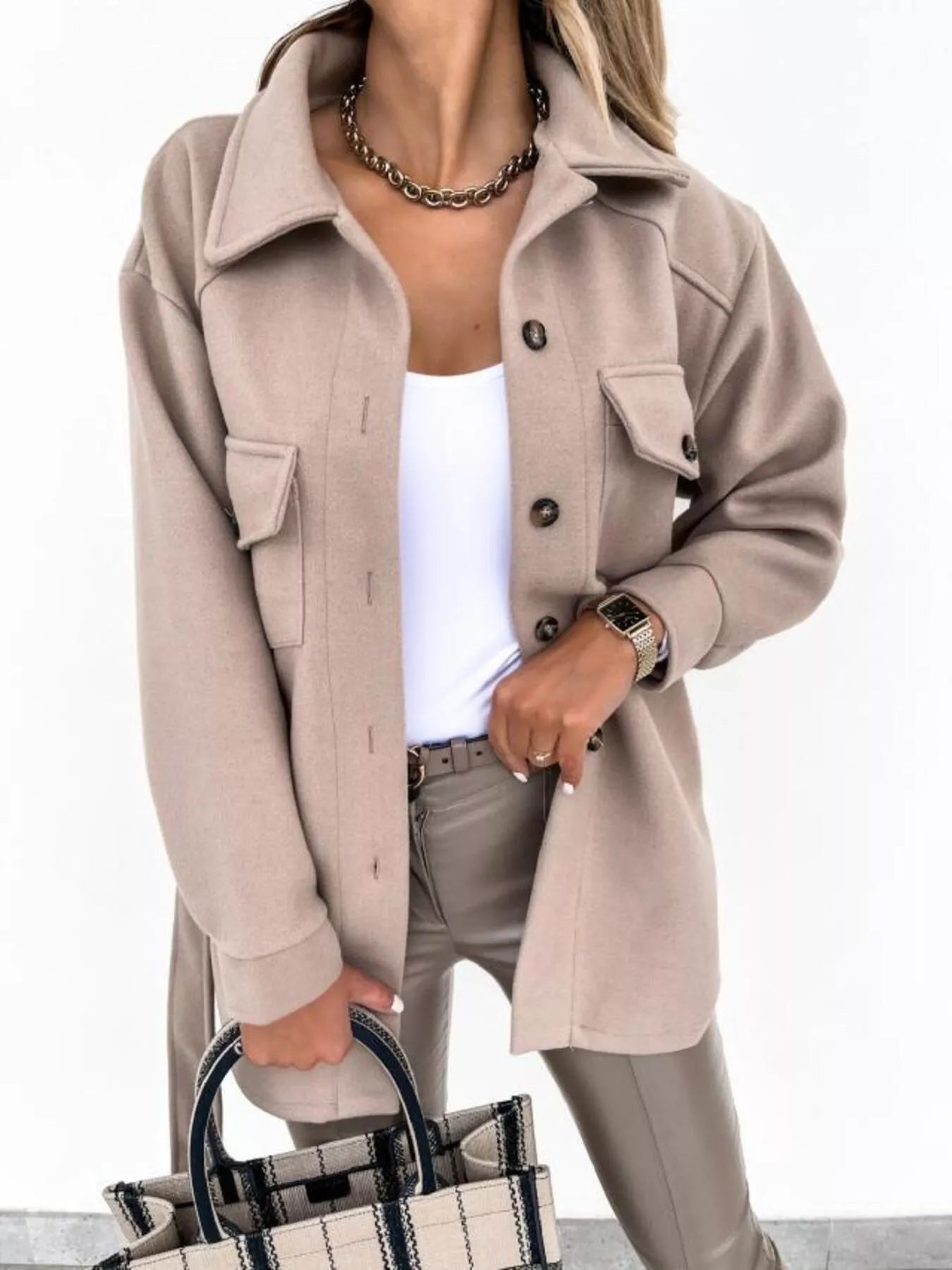 Button-Down Tie Waist Coat Khaki OutfitFlow