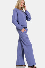 Outfit Flow - Zenana Round Neck Raglan Sleeve Top and Elastic Waist Pants Set