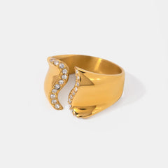 Stainless Steel Inlaid Rhinestone Bypass Ring Gold One Size OutfitFlow