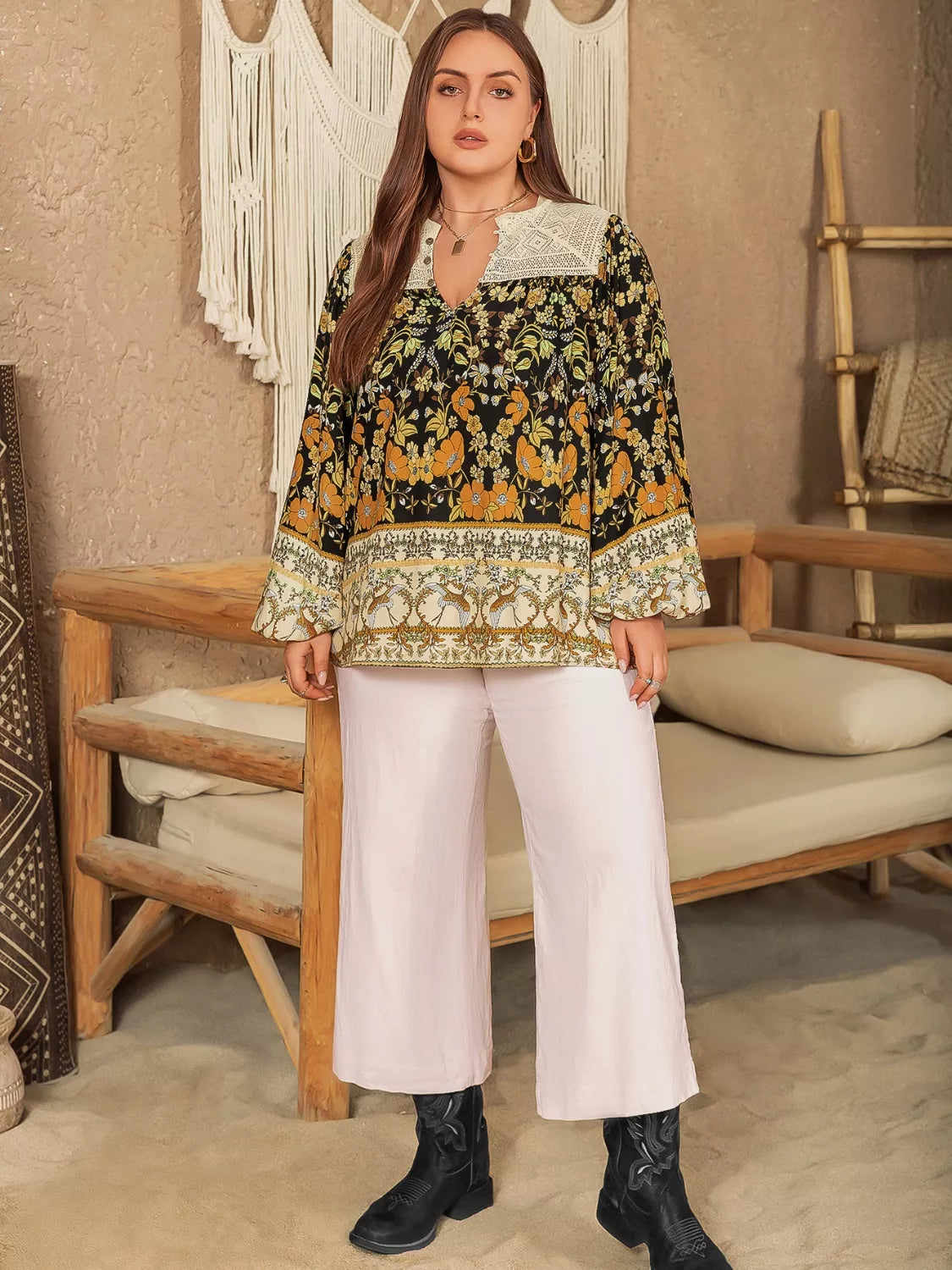 Plus Size Floral Print Notched Blouse Trendsi