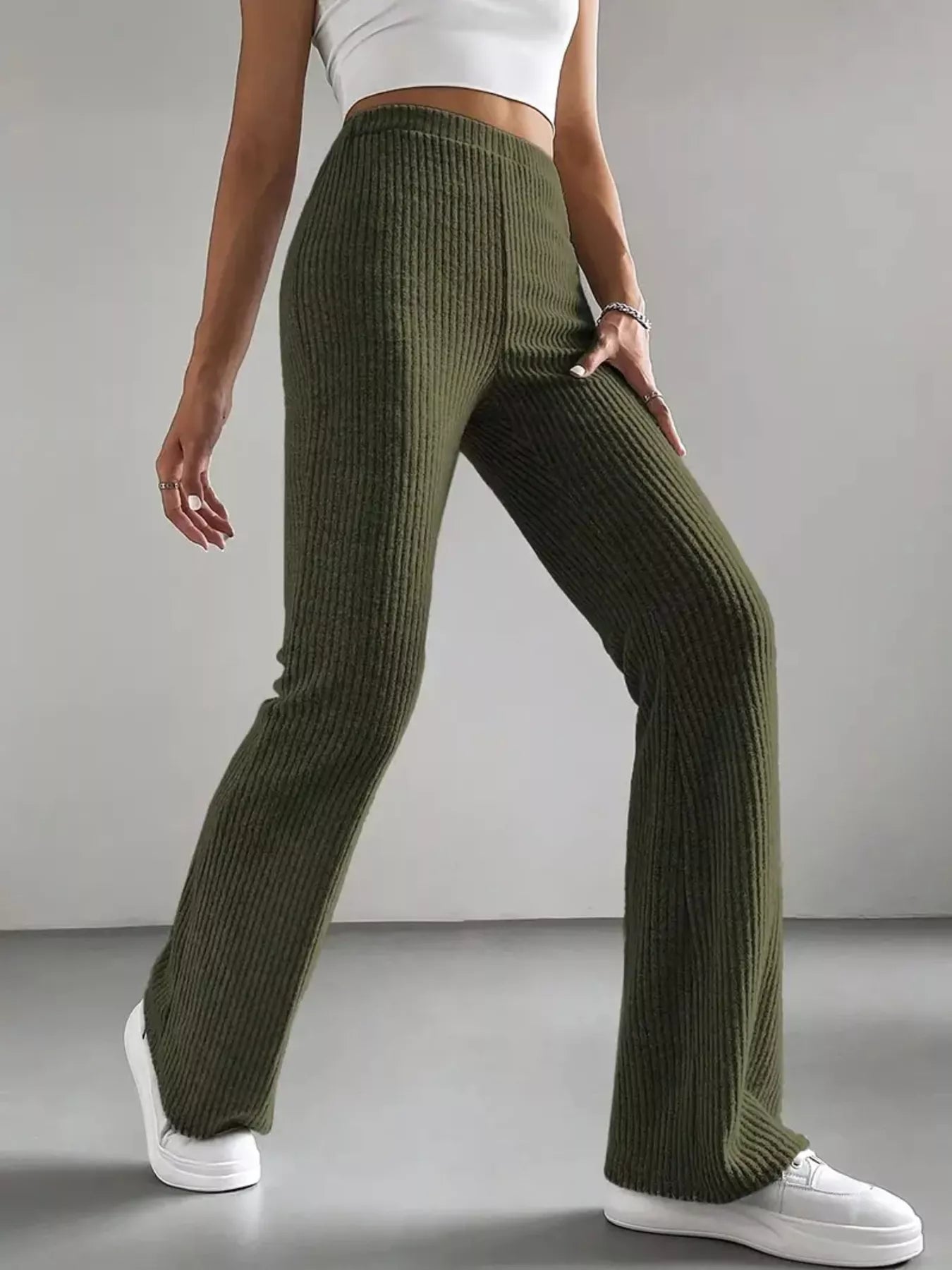 High Waist Flare Pants Army Green OutfitFlow