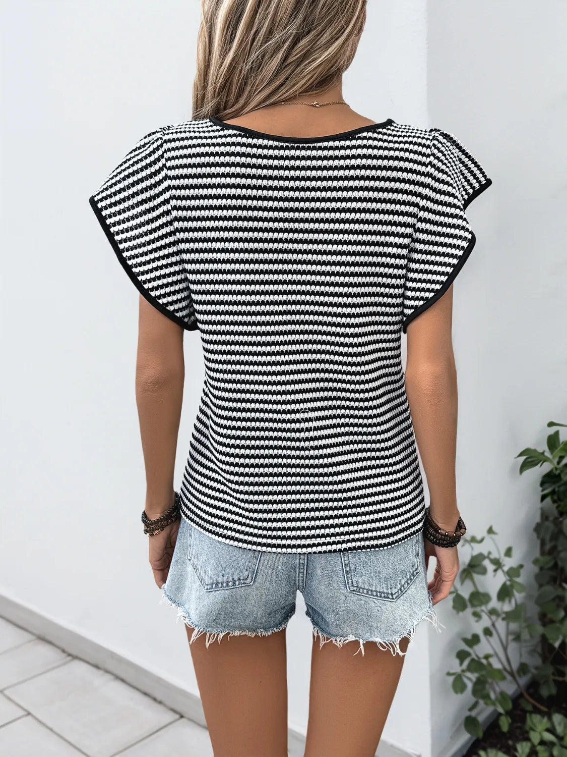Ruffled Round Neck Short Sleeve Top OutfitFlow