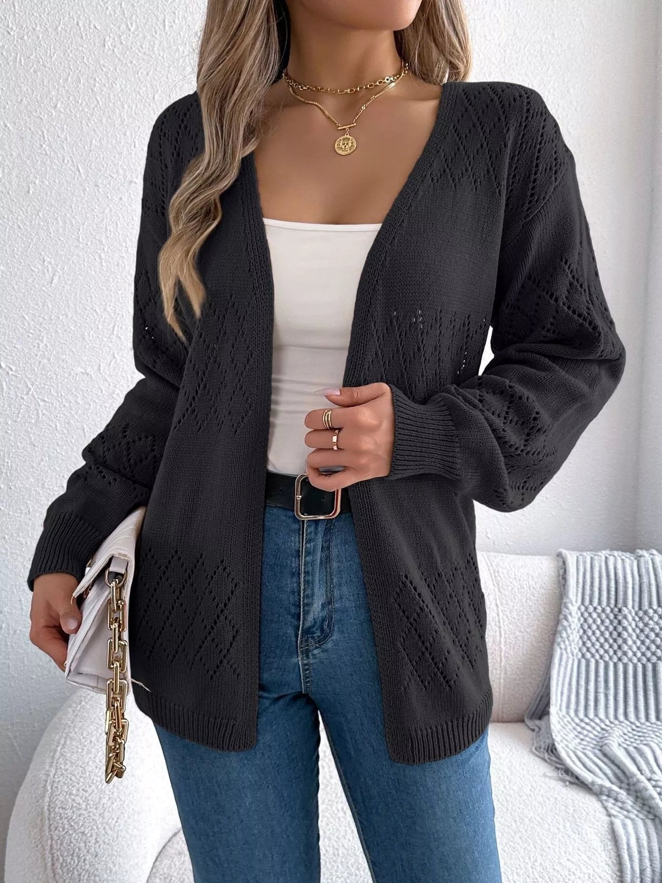 Openwork Open Front Long Sleeve Cardigan OutfitFlow