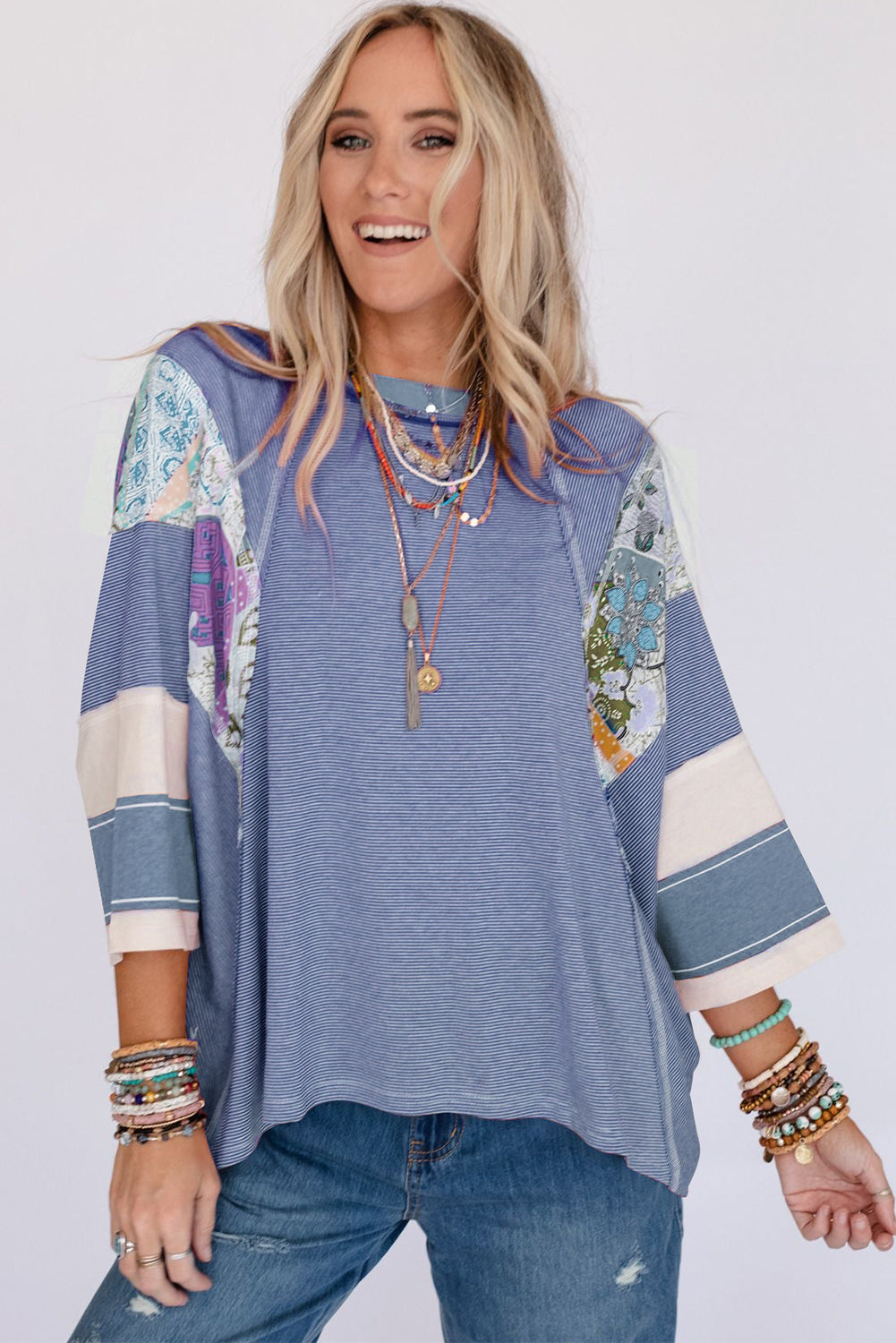 Outfit Flow - Striped Floral Patchwork Round Neck Top