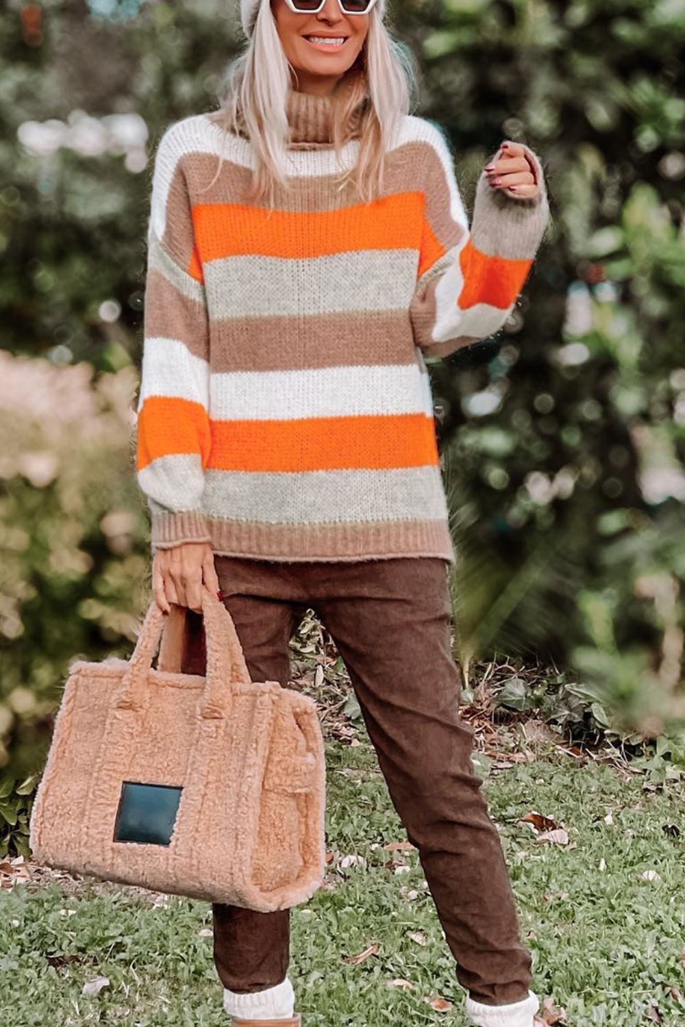 Outfit Flow - Color Block Drop Shoulder Turtleneck Sweater