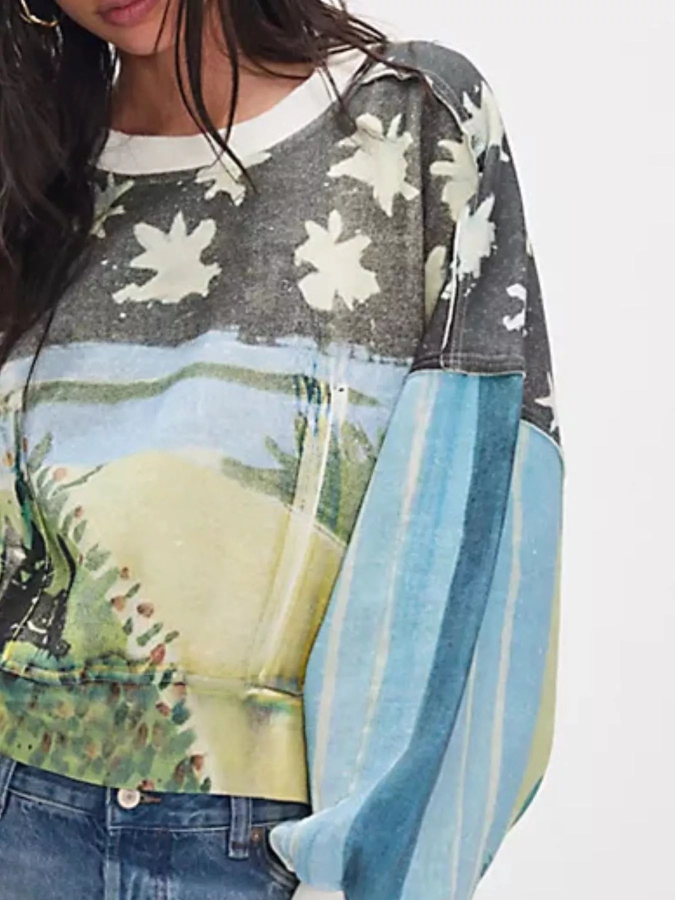 Printed Round Neck Dropped Shoulder Sweatshirt OutfitFlow