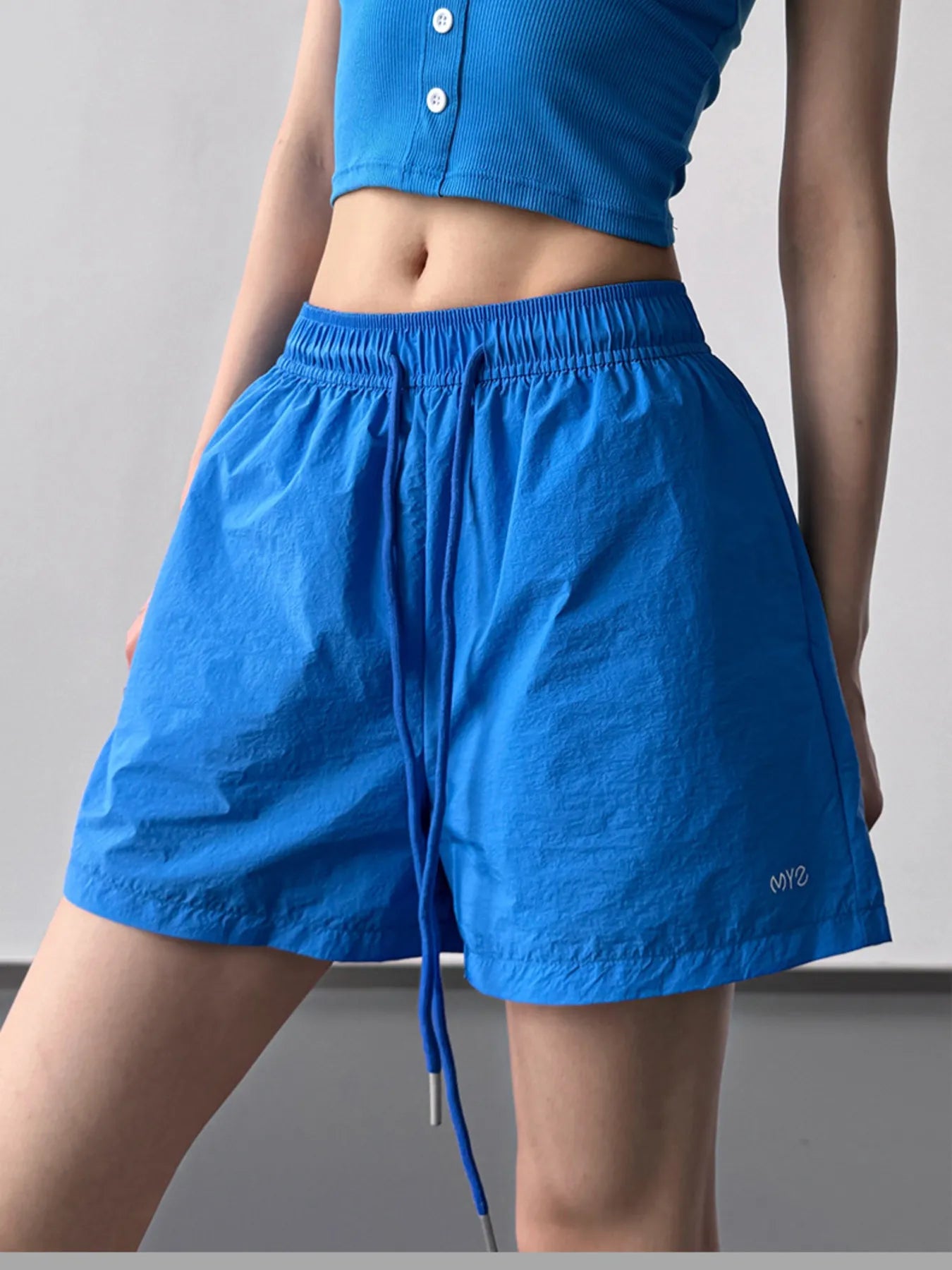 High Waisted Drawstring Shorts Blue OutfitFlow