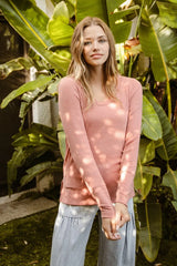 BiBi Mir Solid Raw Edge Neckline Thumb Opening Top OutfitFlow
